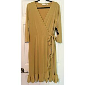 NY&C  New dress Faux Wrap Chartreuse Gold Yellow Ruffle Hem V Neck‎ Sz Large